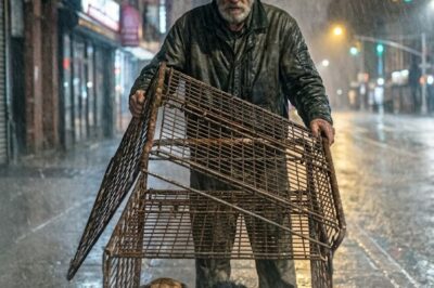 I only noticed the man because he was standing completely still in a storm, holding up a rusted cart while three stray dogs hid underneath it like it was the last dry place in the city.